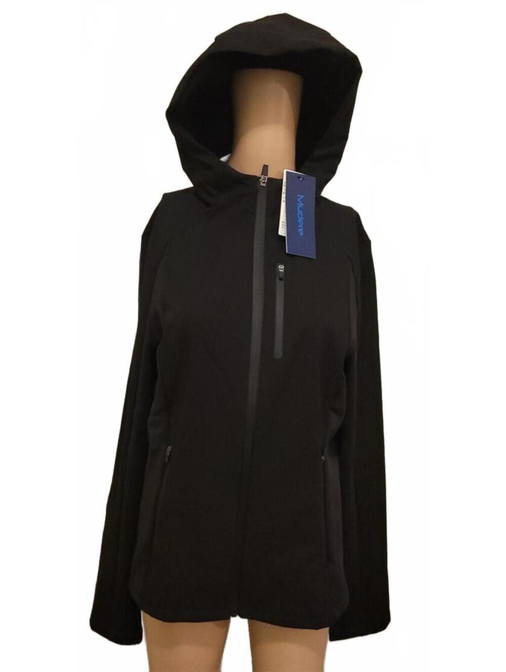 Mudere Women's Black Softshell Hooded Jacket Lightweight Slim-Fit Hiking Coat